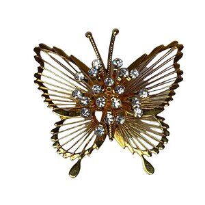 Monet Butterfly Brooch Gold Tone Clear Rhinestones Pin Signed Vintage 3D
